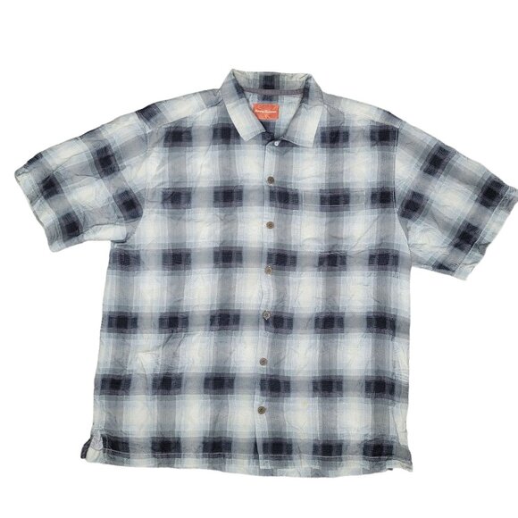 Tommy Bahama silk Men's Large Blue & Gray Plaid Short Sleeve Button-Up Shirt - Picture 1 of 6